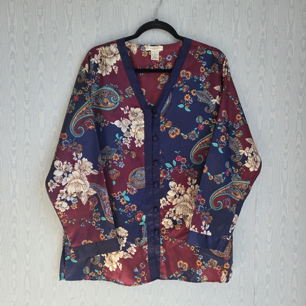 Private Luxuries Womens L Satin Button Down Pajama Top Asian Inspired Burgundy